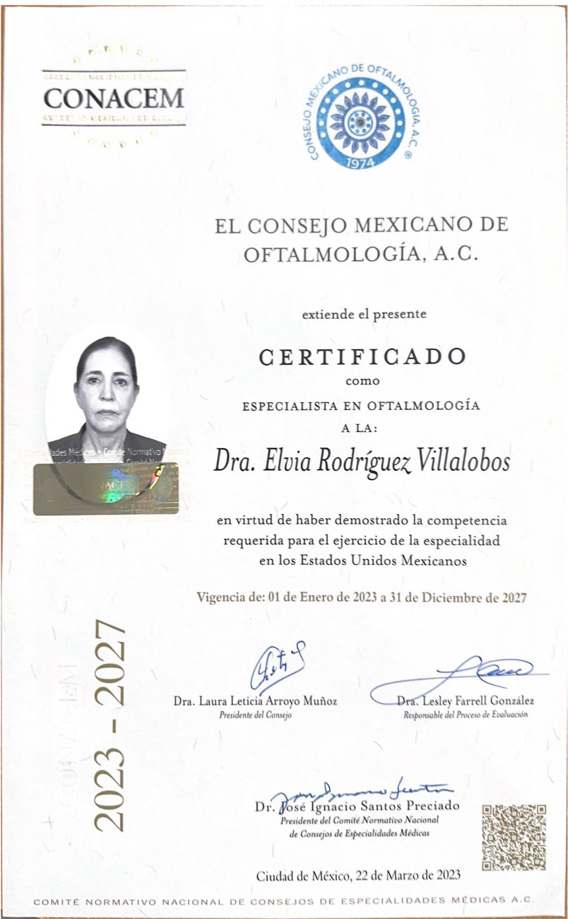 Diploma de Recertificación 2023-2027, Especialista en Oftalmología